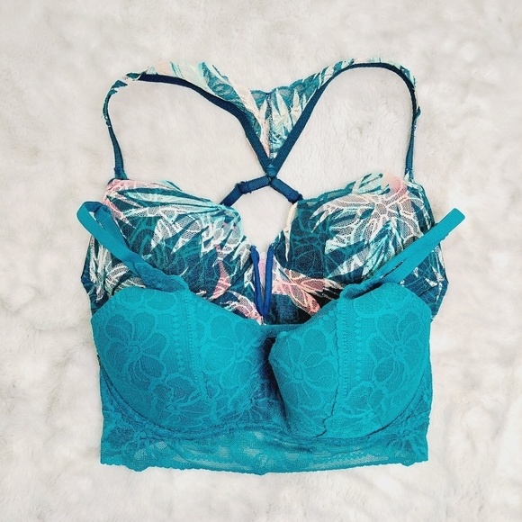 PINK Victoria's Secret Blue Floral Lace Push Up Bralette Bra 1949 - Picture 1 of 11